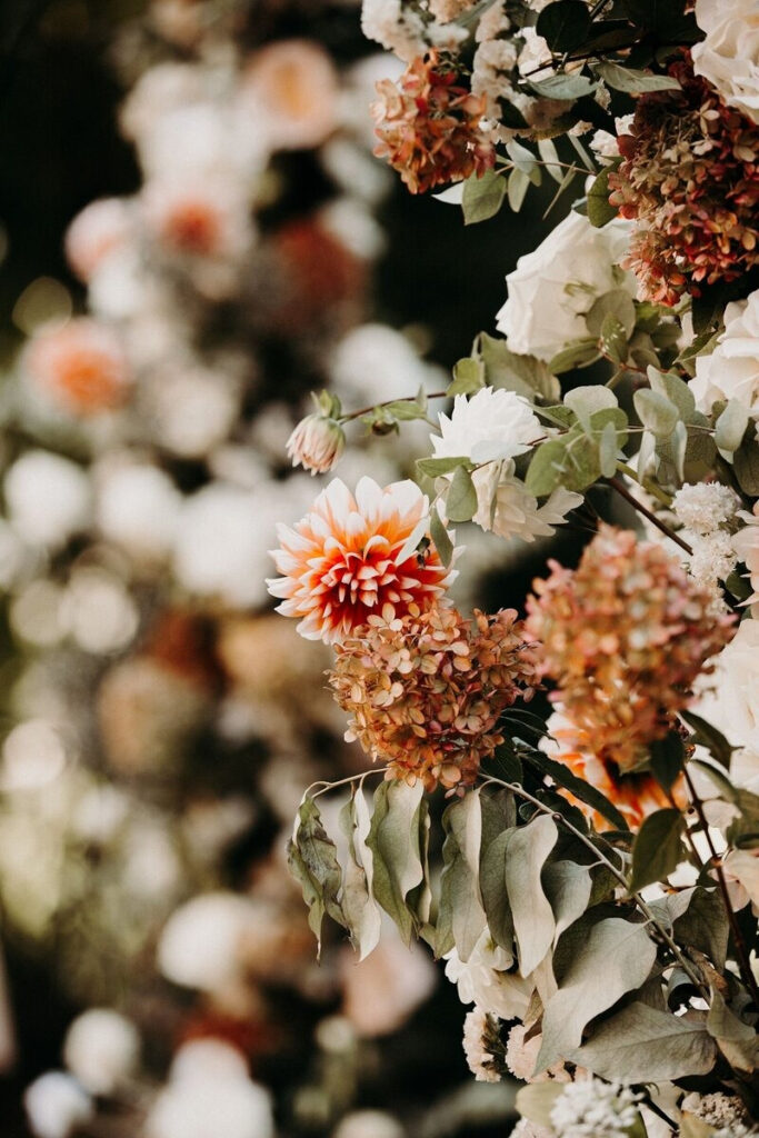 Close-up of fall floral installation with dahlias and hydrangeas, designed through full-service wedding planning.