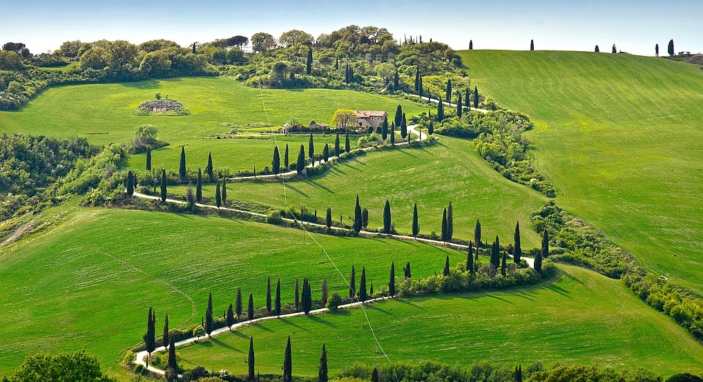 Scenic view of rolling green hills and cypress-lined roads leading to one of the villas in Italy, set in the Tuscan countryside.