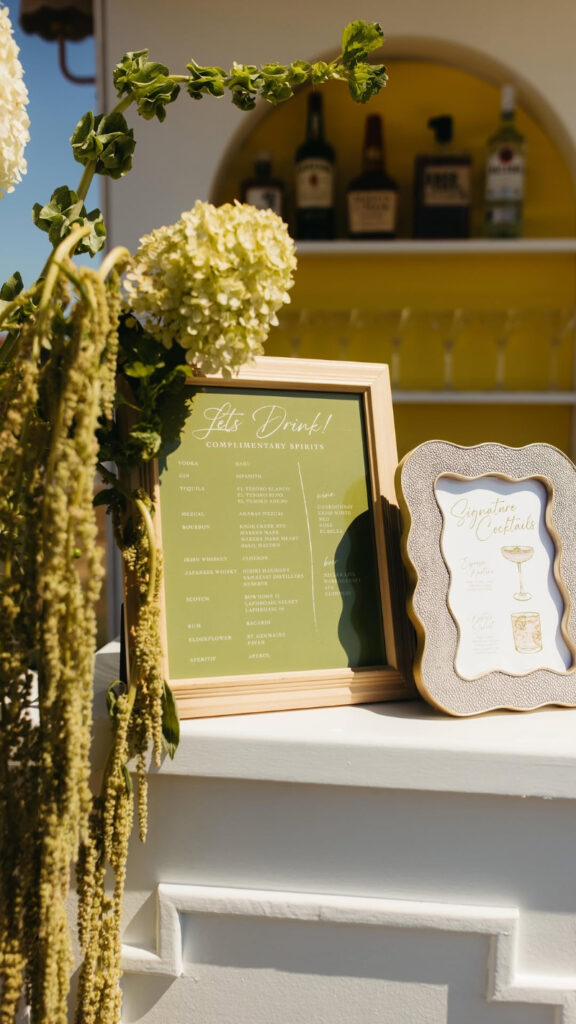 Custom cocktail bar setup with signature drinks for a full-service wedding weekend celebration.