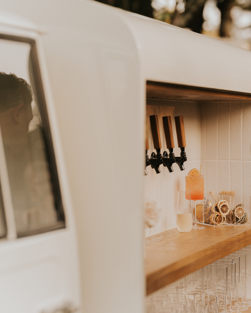 Mobile bar setup at wedding cocktail hour.