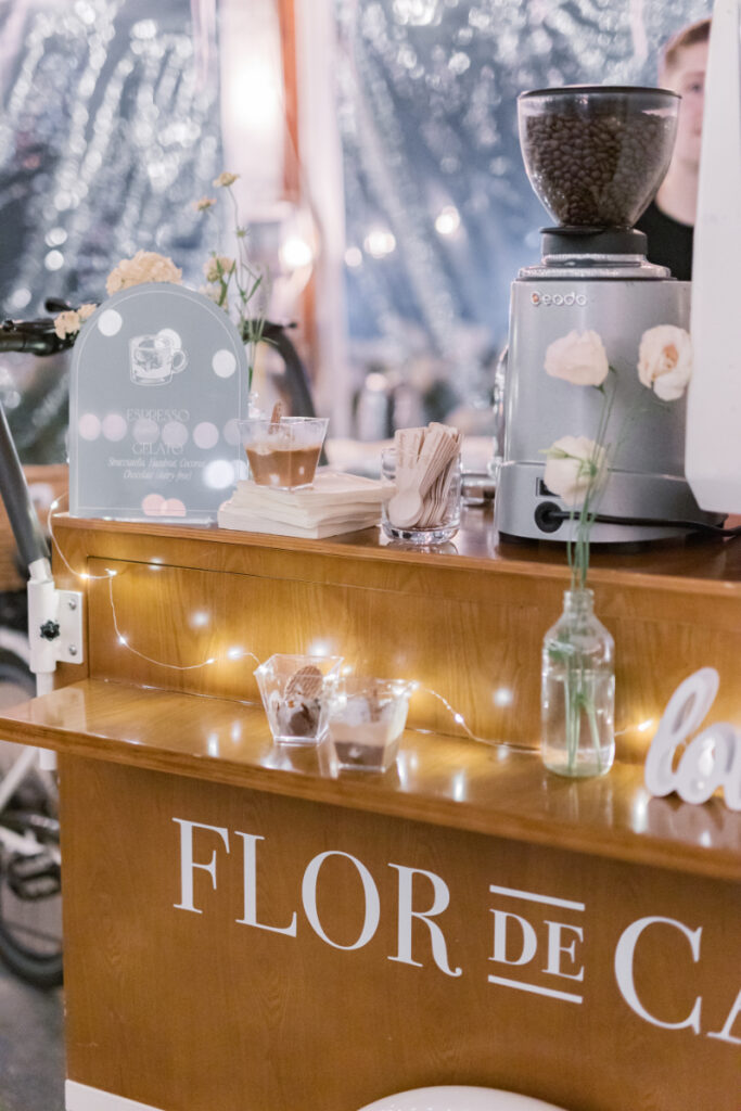 Affogato and espresso bar setup under the reception tent at a wedding at Connemara House.