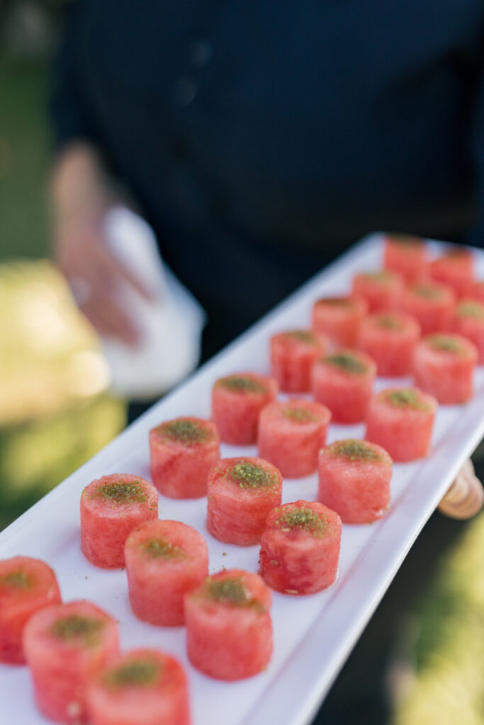 Chilled tomato gazpacho shooters served during cocktail hour at a wedding at Connemara House.